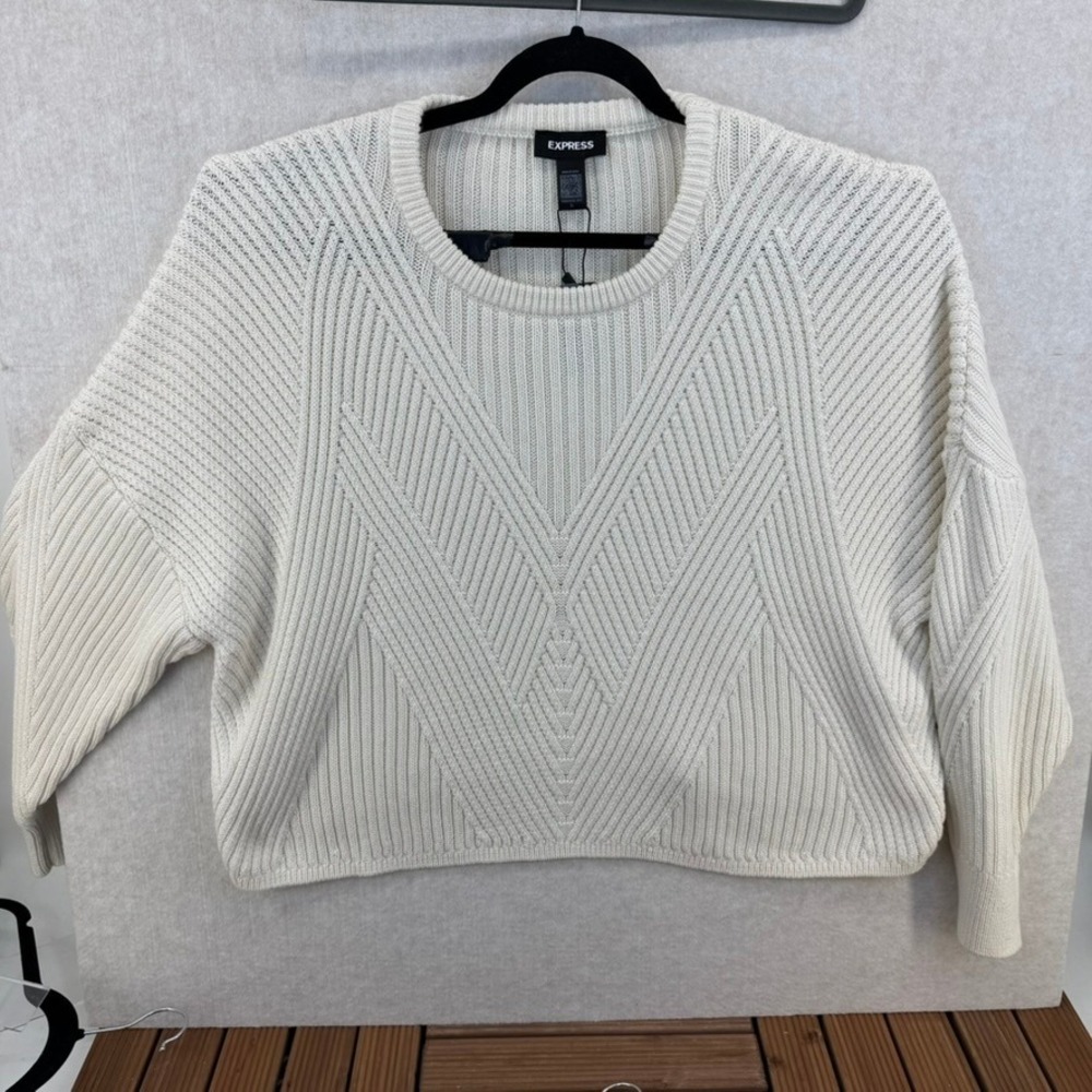 Express Cream Ribbed Crop Chevron Pattern Long Sleeve Sweater Women XL
